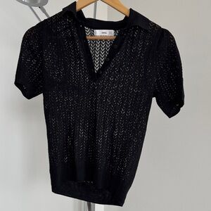 Mango Black Short-Sleeve Openwork Polo Top